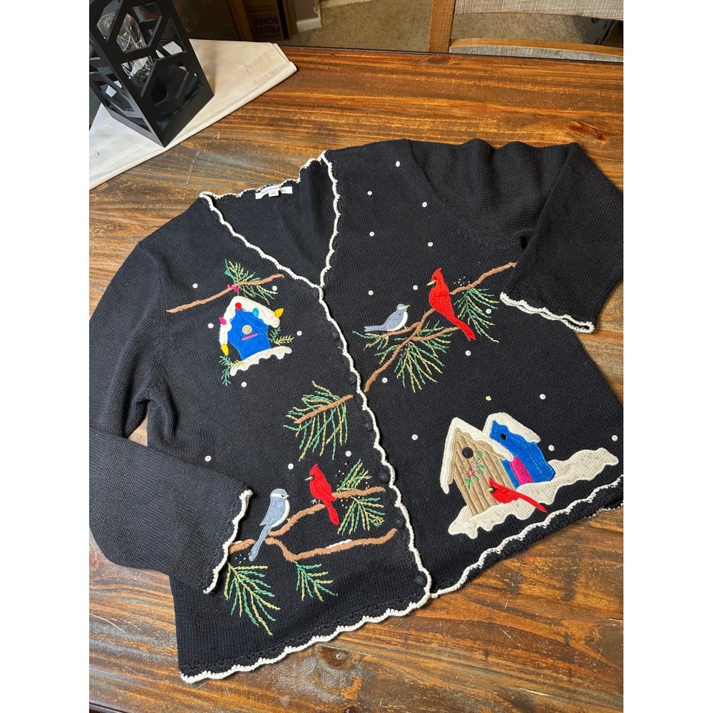 Mercer Street Studio Black Embroidered Birdhouse Cardinal Christmas Cardigan XL